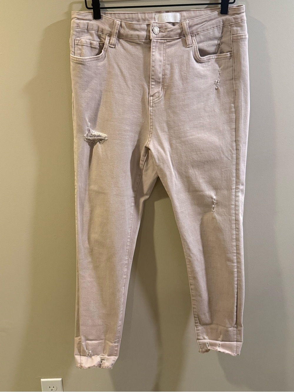 Womens Light Beige Distressed Ankle Jeans